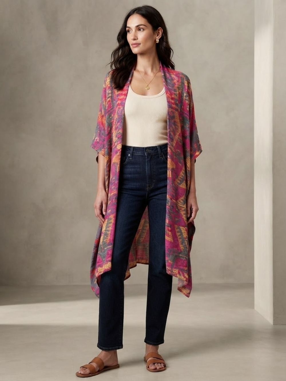 Pink Multi-Pattern Open-Front Kimono Wrap